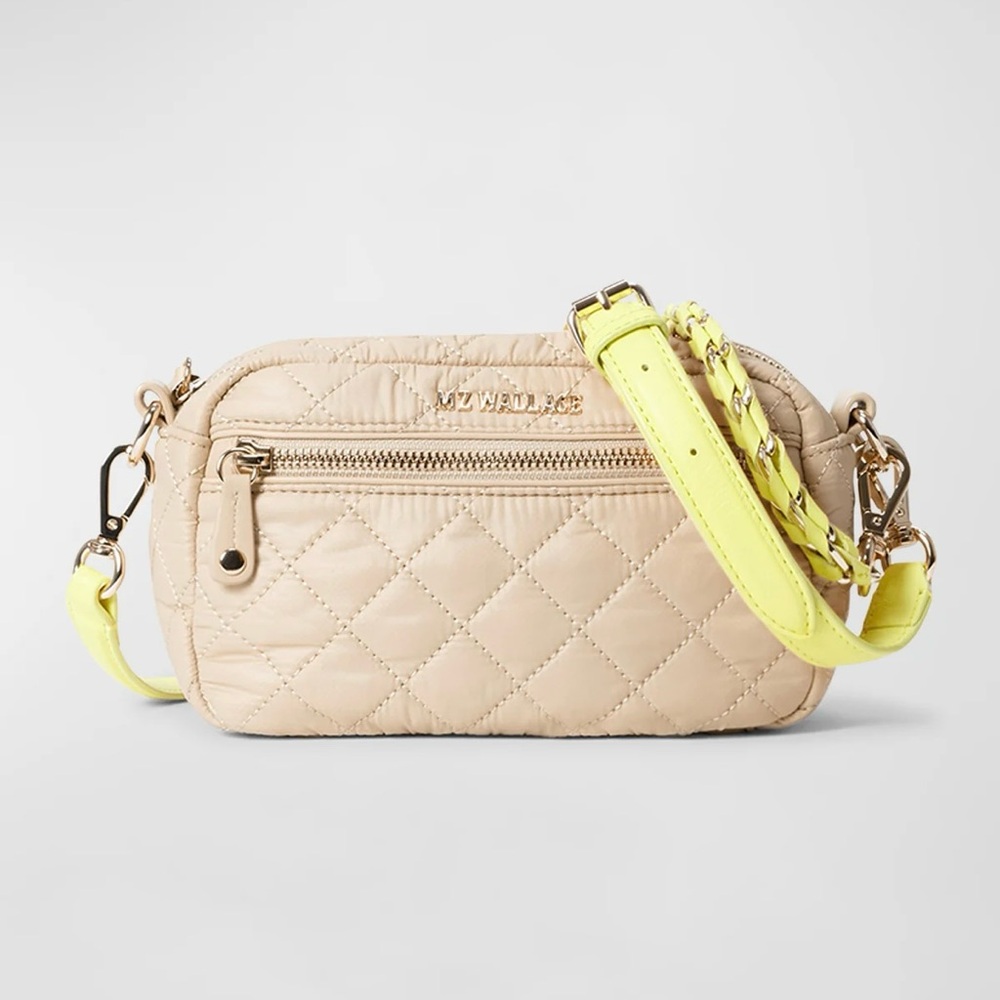 MZ Wallace Tan Buff Quilted Crosby Bag with Neon Yellow